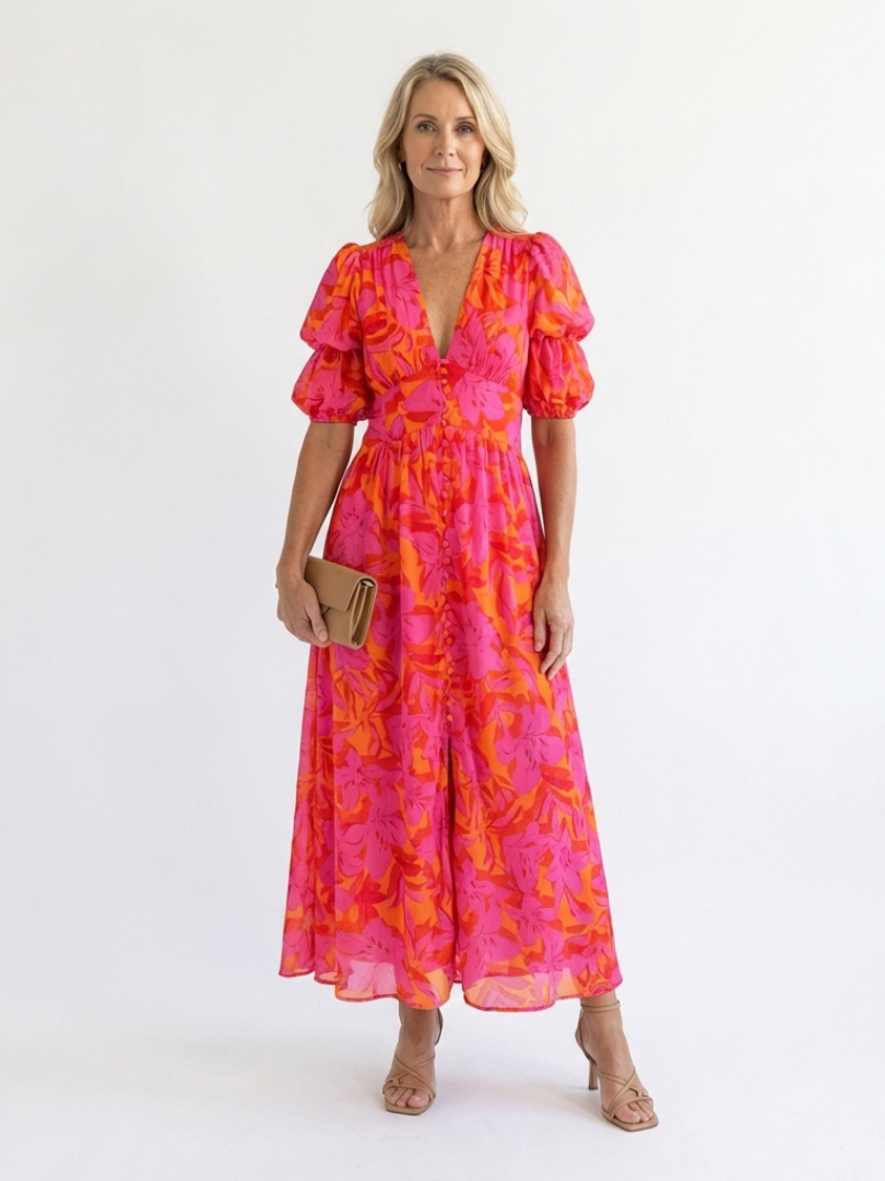 Gretasia | Floral V Neck Puff Sleeve Midi Dress