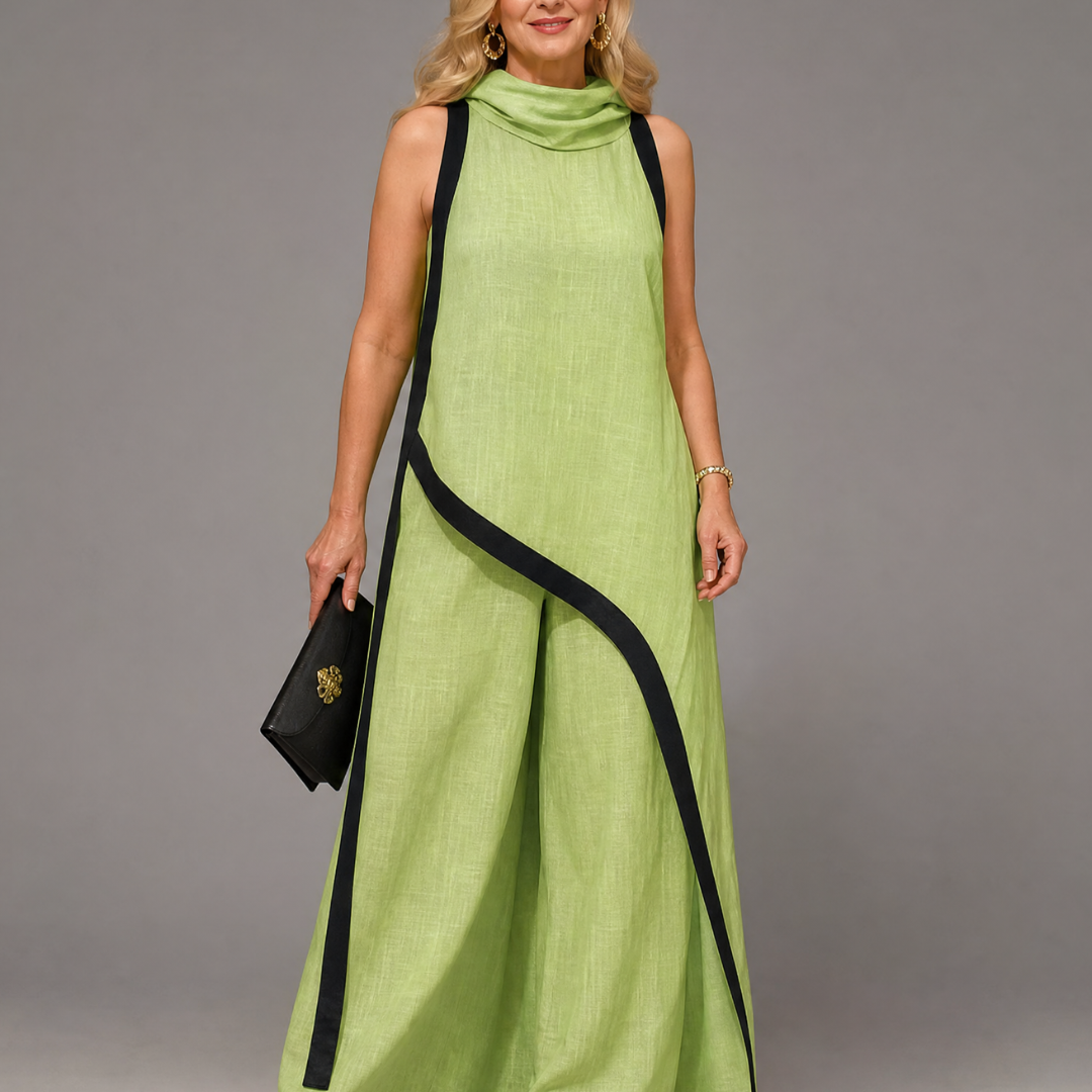 Tovarina | Contrast Trim Sleeveless Layered Top And Wide Leg Pants Set