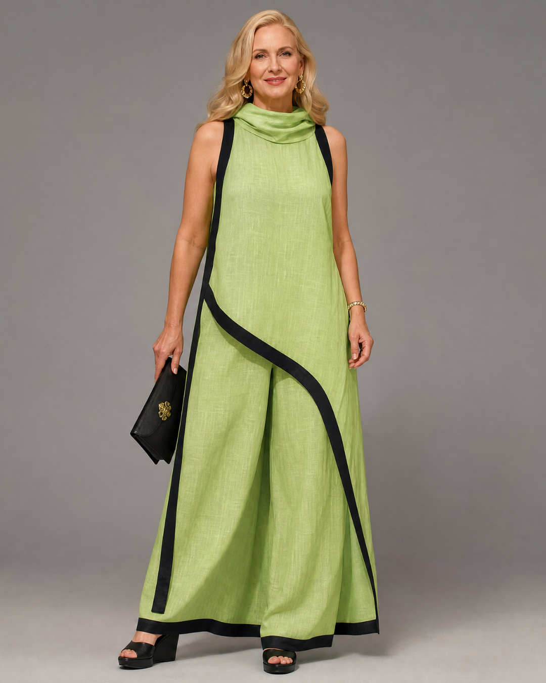 Tovarina | Contrast Trim Sleeveless Layered Top And Wide Leg Pants Set