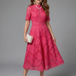 Dalvia | Short Sleeve Eyelet Lace Fitted Waist Midi Dress