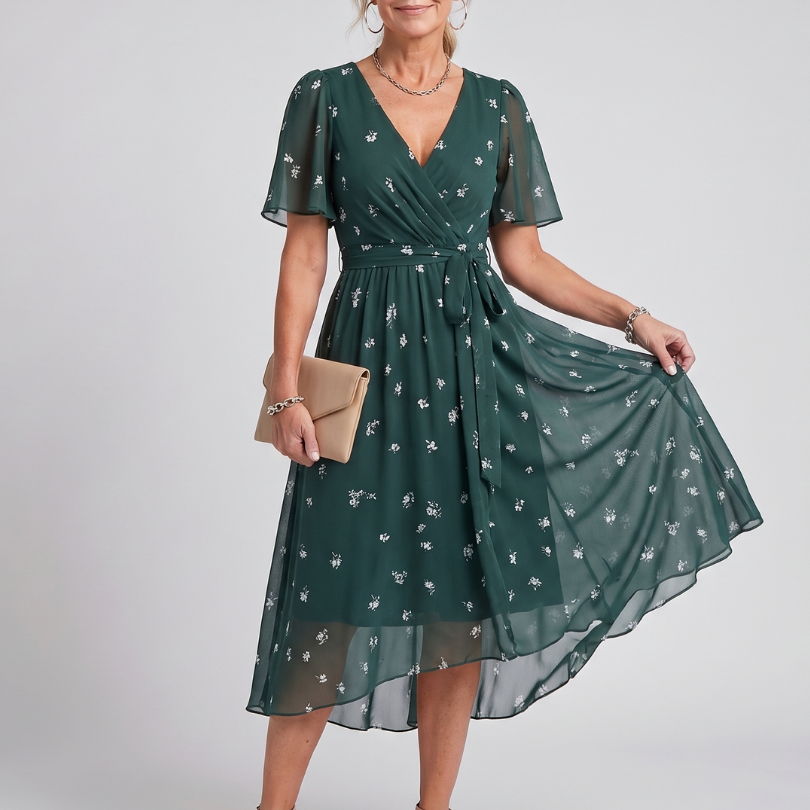 Daldra | Flutter Sleeve Gathered Waist Floral Print Midi Dress