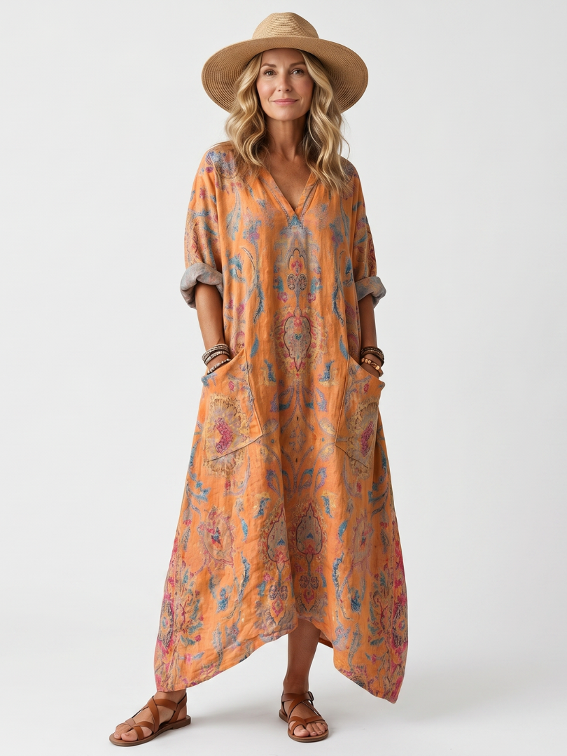 Serna | Notch Neck Printed Oversized Pocket Midi Dress