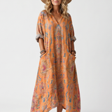 Serna | Notch Neck Printed Oversized Pocket Midi Dress