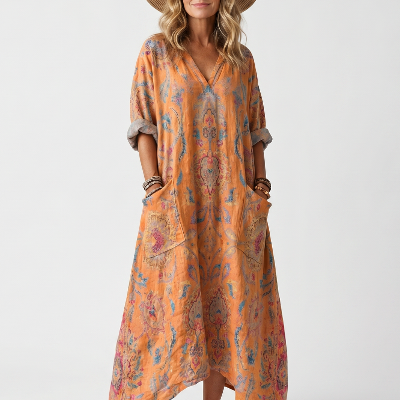 Serna | Notch Neck Printed Oversized Pocket Midi Dress
