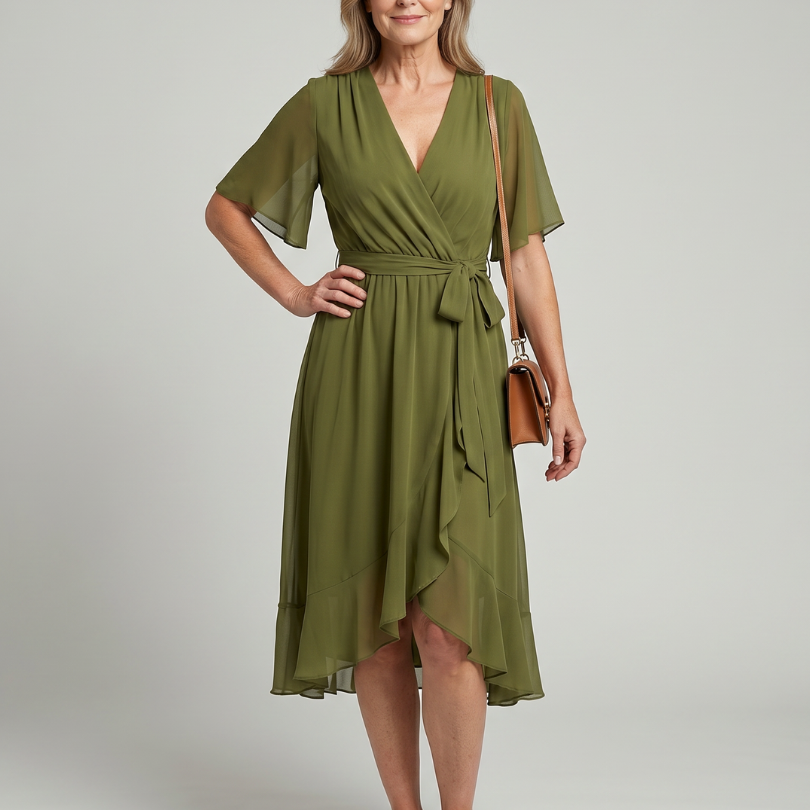 Tamsinlia | Short Sleeve Wrap Soft Flowing Hem Midi Dress