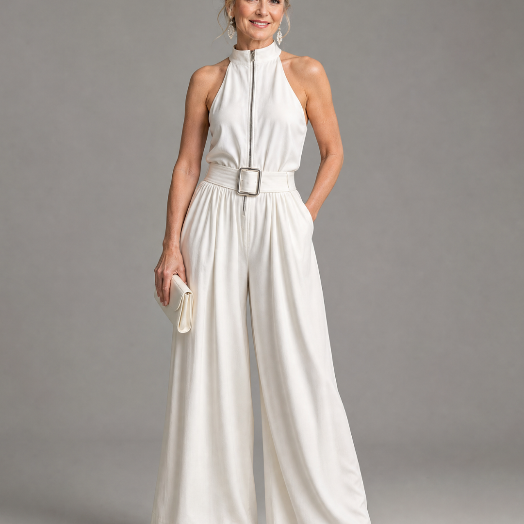 Frerina | Belted High Neck Wide Leg Sleeveless Jumpsuit
