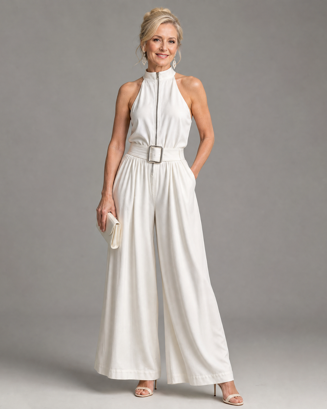 Frerina | Belted High Neck Wide Leg Sleeveless Jumpsuit