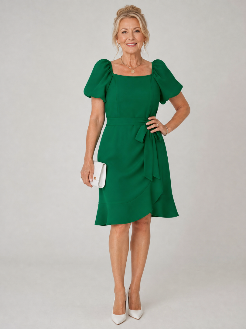 Marenine | Short Puff Sleeve Side Tie Detail Mini Dress
