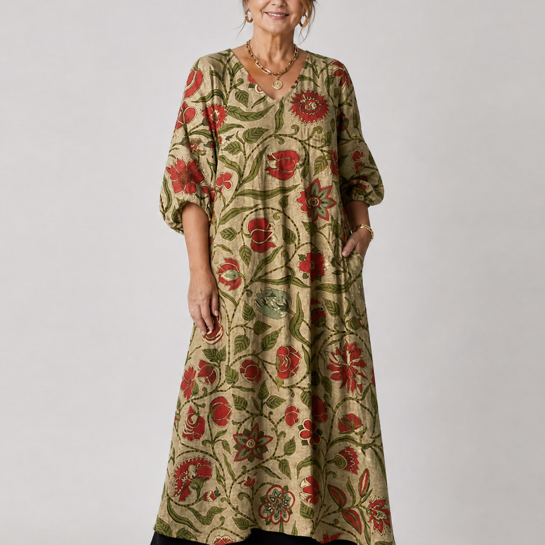 Lunwynne | Botanical Print Relaxed Three Quarter Sleeve Midi Dress