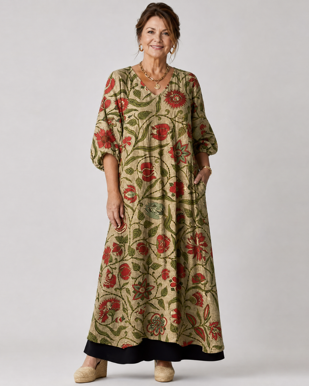 Lunwynne | Botanical Print Relaxed Three Quarter Sleeve Midi Dress