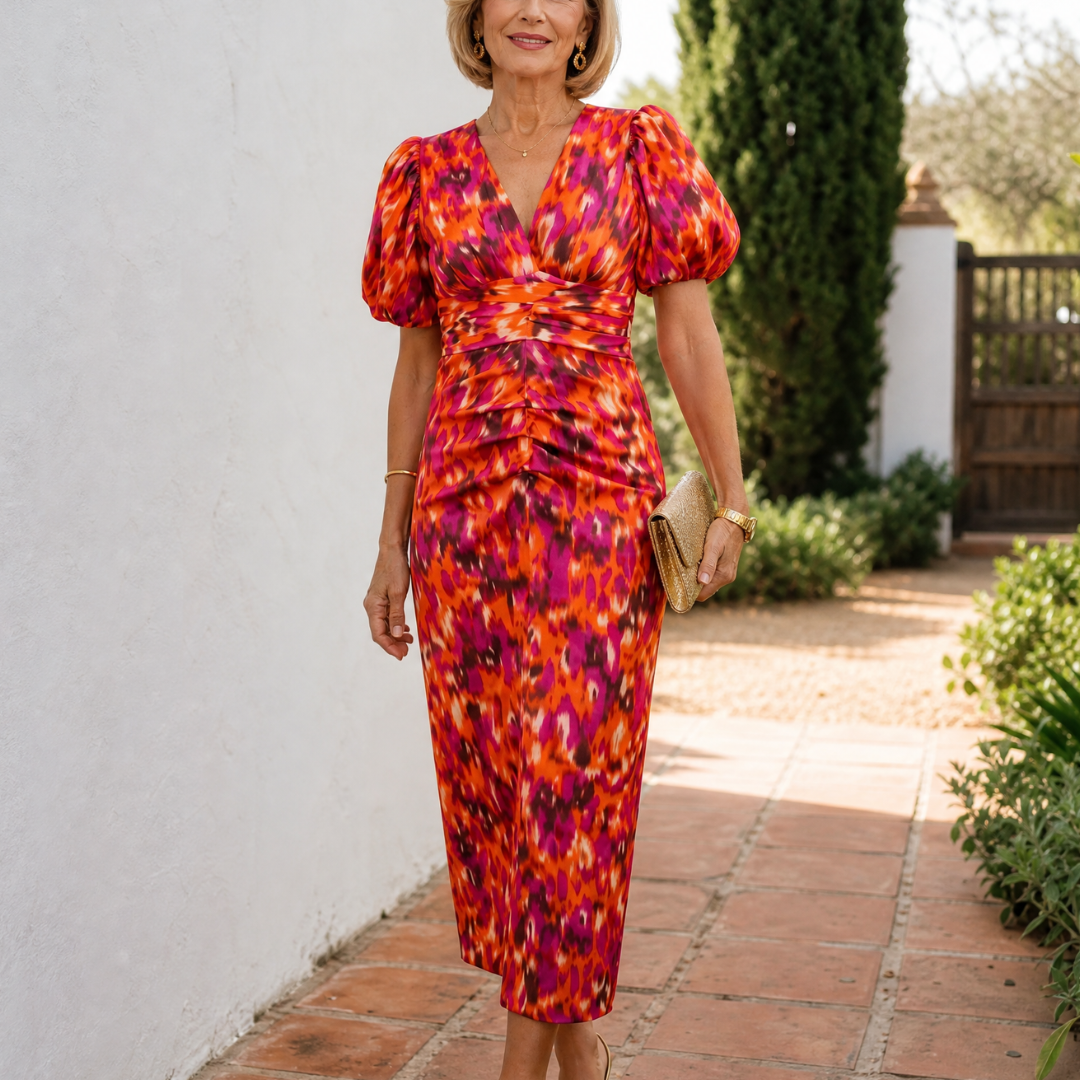 Hilasia | Abstract Print Puff Sleeve Ruched Midi Dress