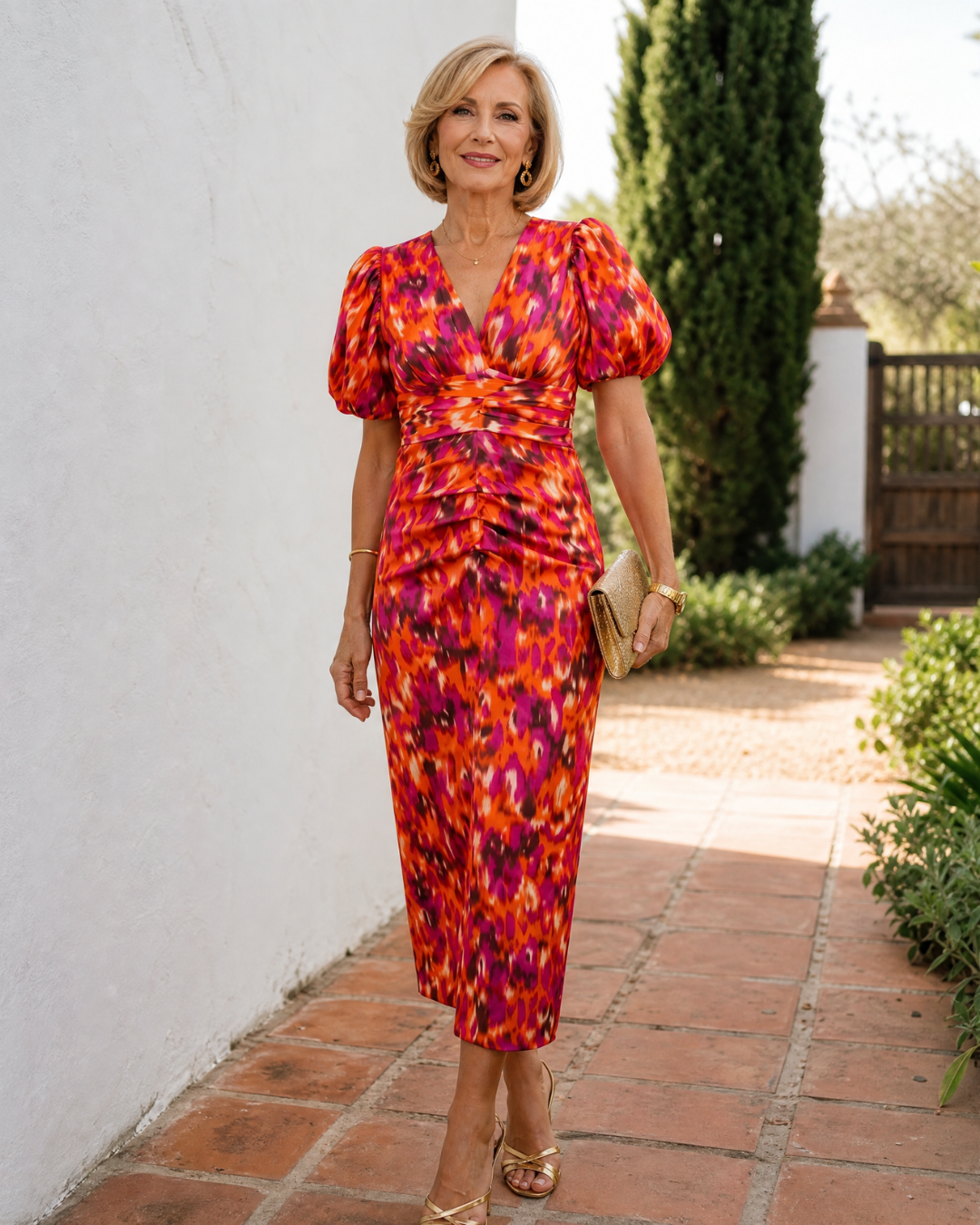 Hilasia | Abstract Print Puff Sleeve Ruched Midi Dress