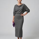Saffwynne | Draped Neckline Fitted Skirt Midi Dress