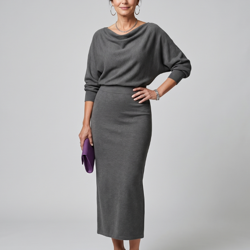 Saffwynne | Draped Neckline Fitted Skirt Midi Dress