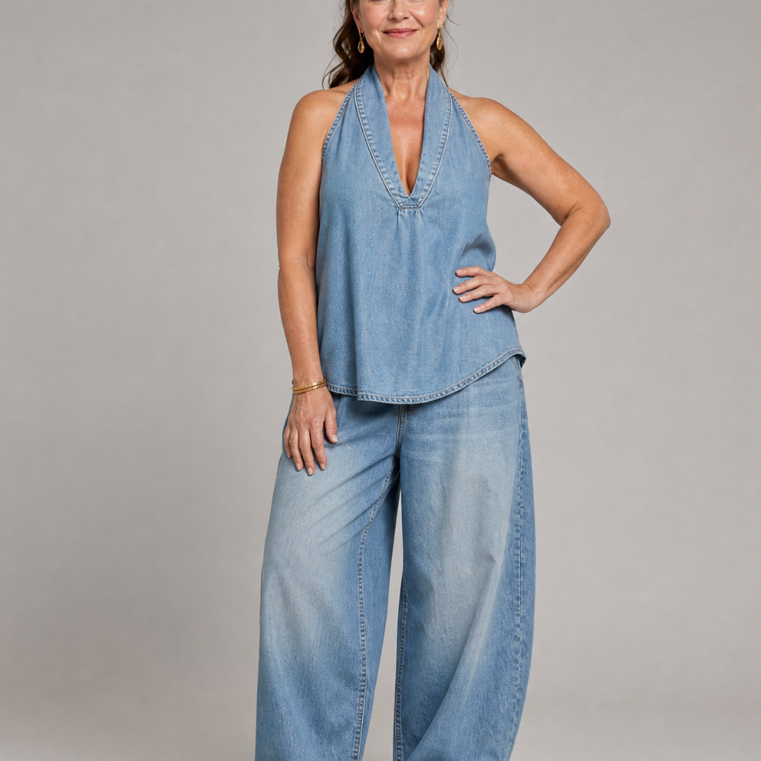 Tallyn | Halter Neck Denim Top And Wide Leg Pants Set