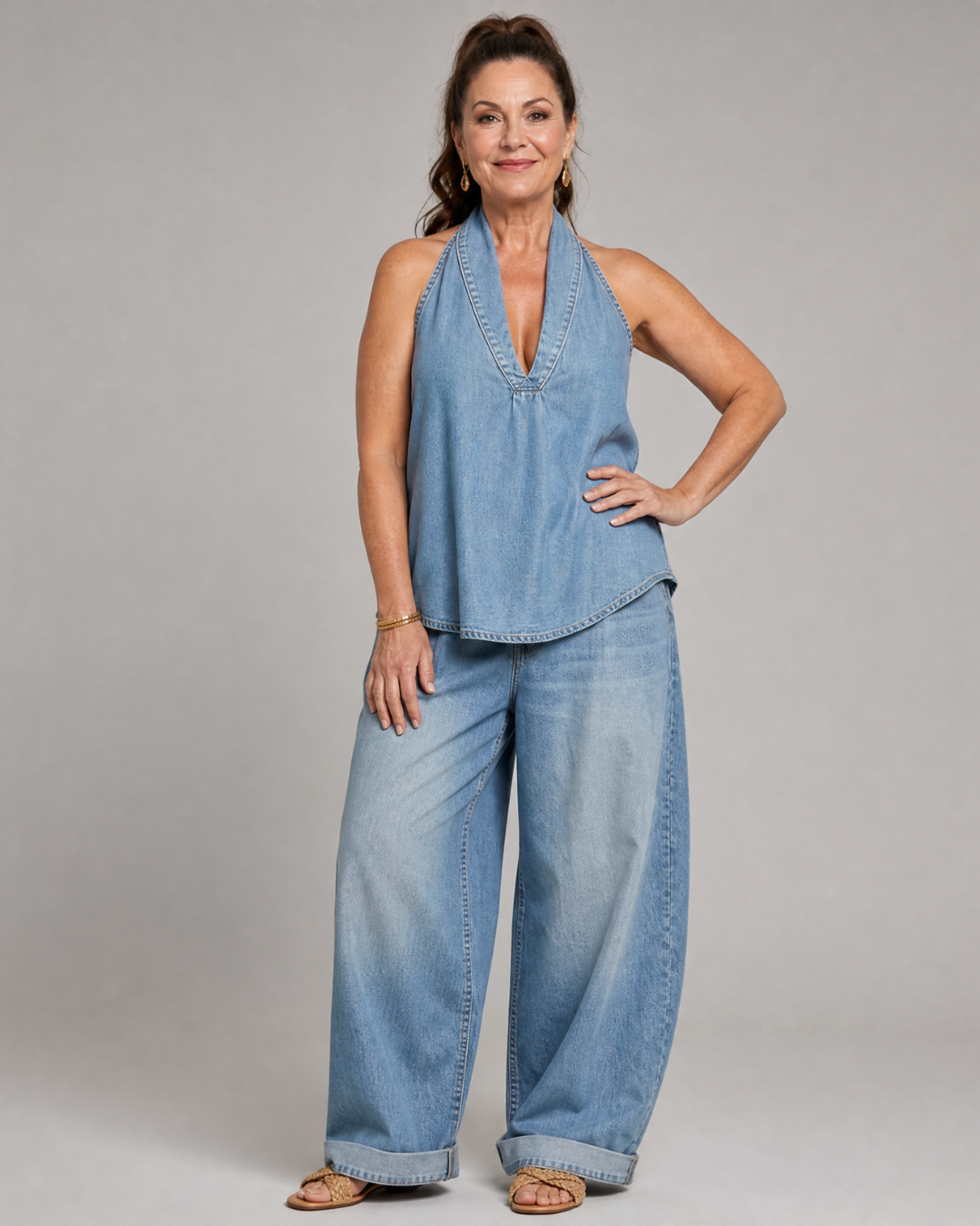 Tallyn | Halter Neck Denim Top And Wide Leg Pants Set