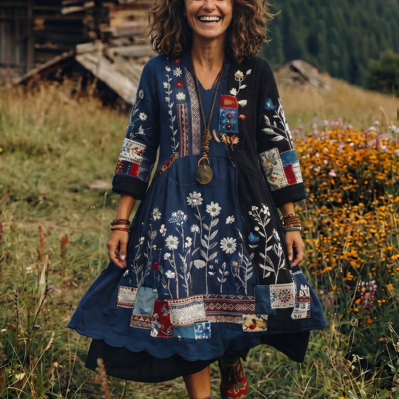 Fiodra | Embroidered Panel Long Sleeve Midi Dress
