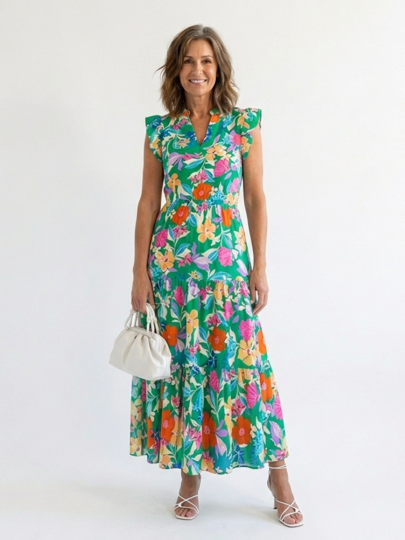Corlette | Floral V-Neck Tiered Midi Dress