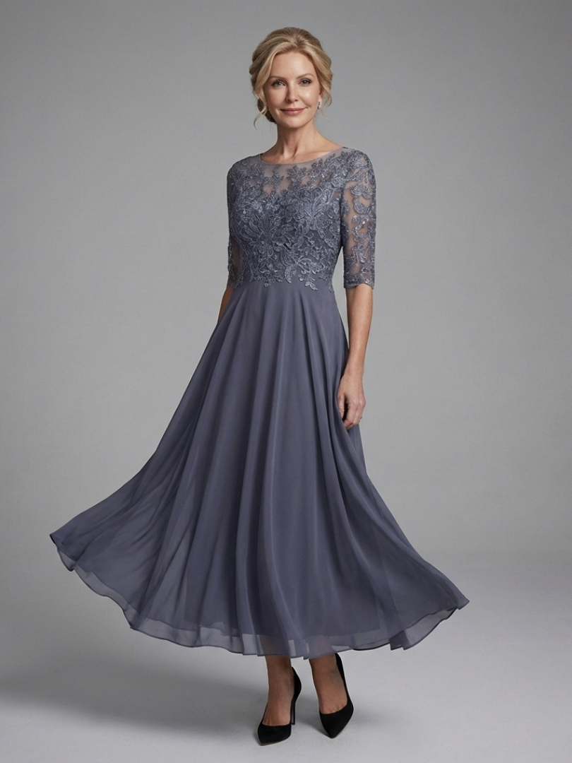 Solda | Lace Bodice Sheer Sleeve Midi Dress