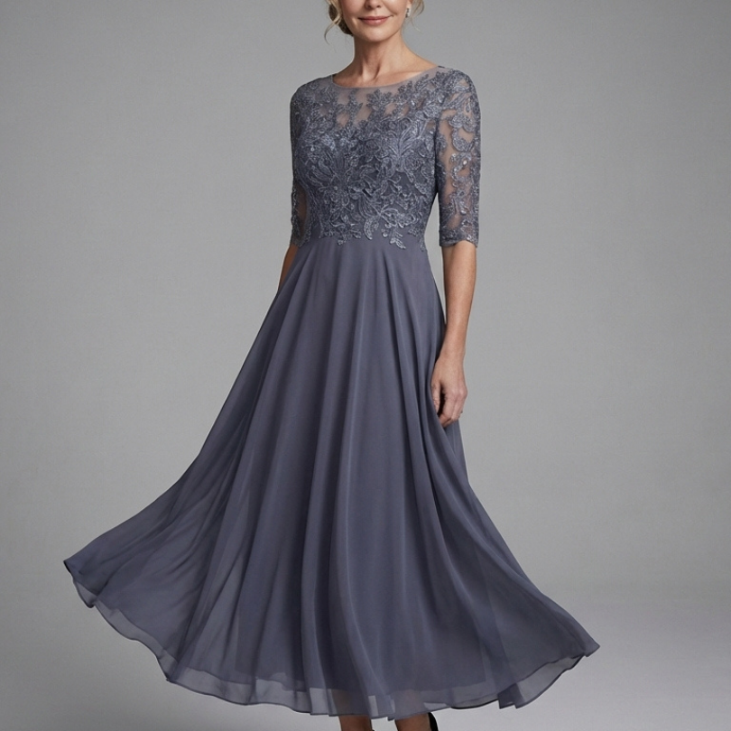 Solda | Lace Bodice Sheer Sleeve Midi Dress