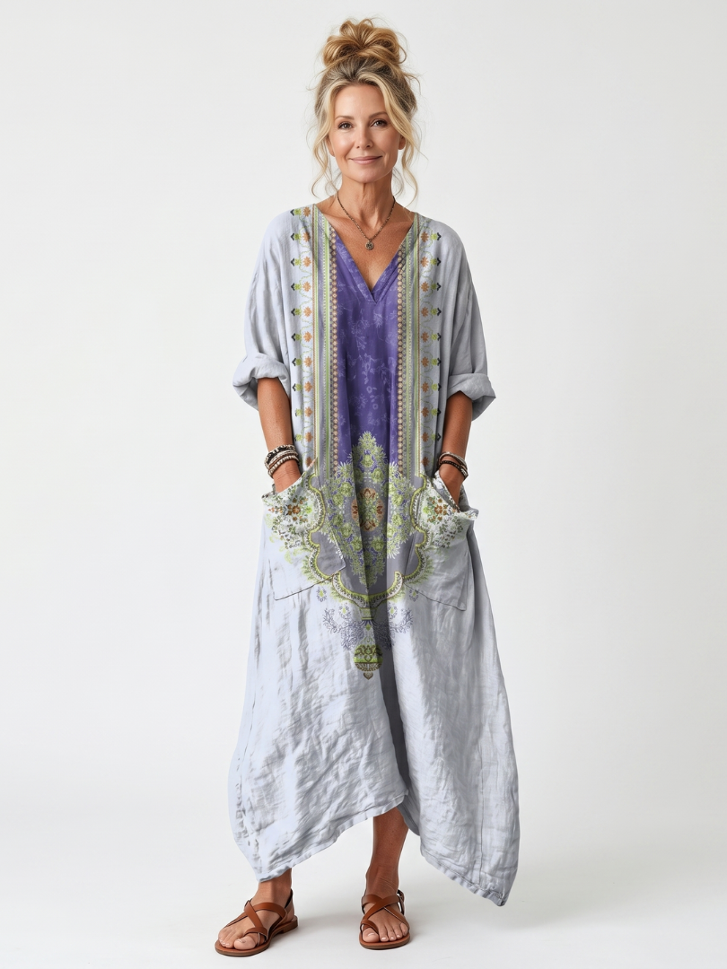 Dorwen | Contrast Panel Embroidered Oversized Pocket Midi Dress