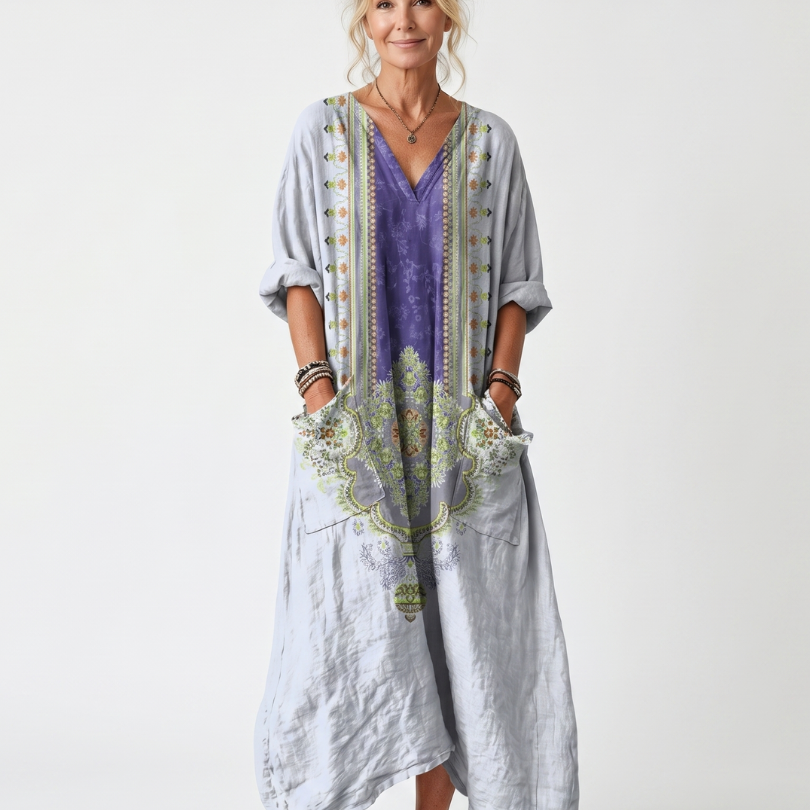 Dorwen | Contrast Panel Embroidered Oversized Pocket Midi Dress