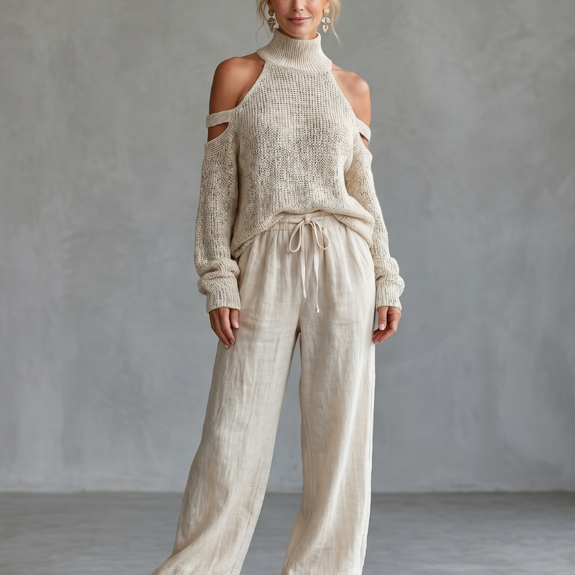 Dahlette | Open Shoulder Knit Top And Wide Leg Pants Set