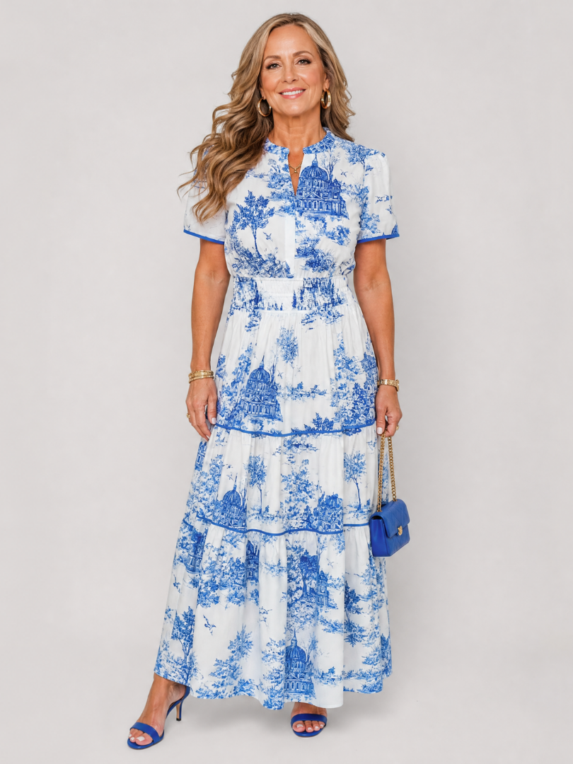 Fiobeth | Printed Short Sleeve Tiered Midi Dress