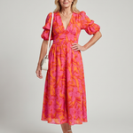 Lunrin | Puff Sleeve V Neck Bold Floral Print Midi Dress