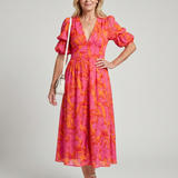 Lunrin | Puff Sleeve V Neck Bold Floral Print Midi Dress