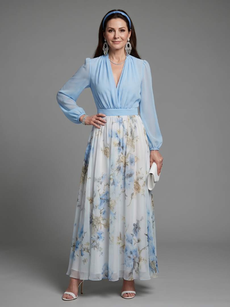 Tovabelle | V Neck Sheer Bodice Floral Maxi Dress
