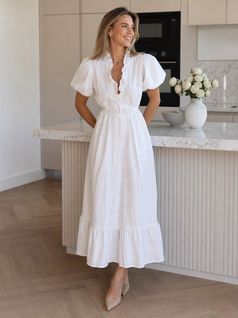 Romina | Short Puff Sleeve Waist Tie Midi Dress