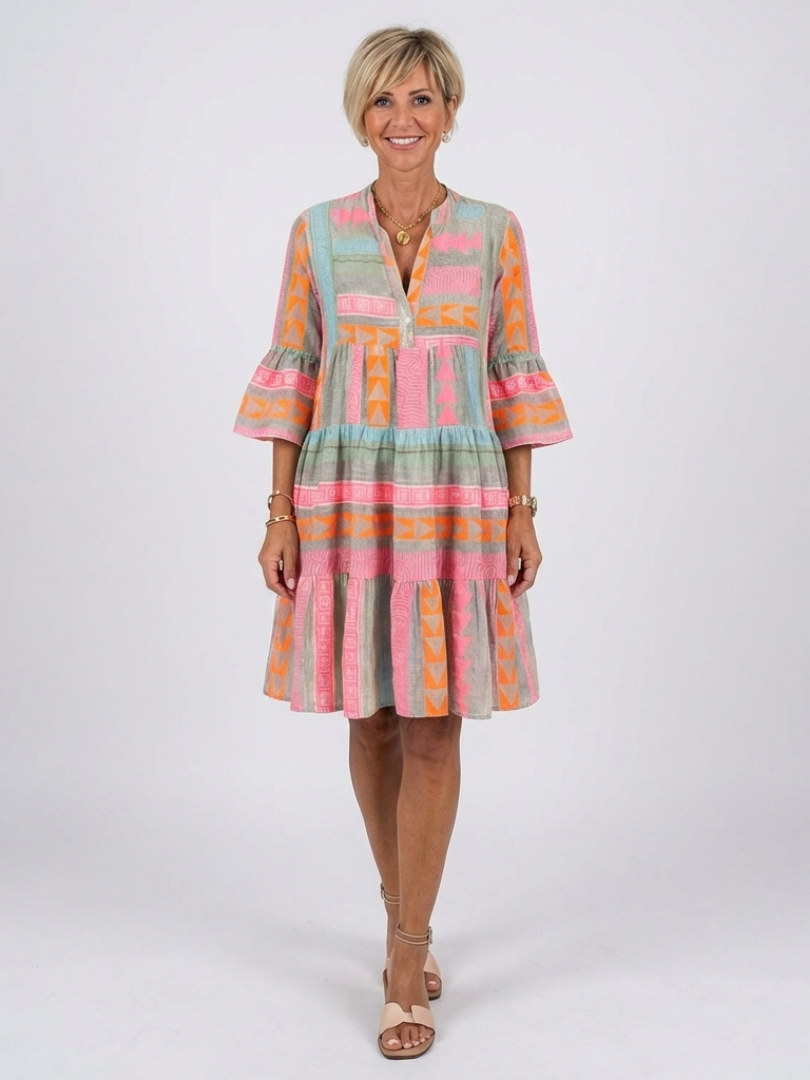 Larsia | Geometric Print V Neck Tiered Knee Length Dress