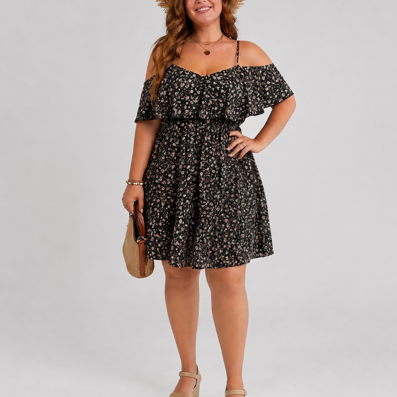 Lilana | Cold Shoulder Ruffle Overlay Knee Length Dress
