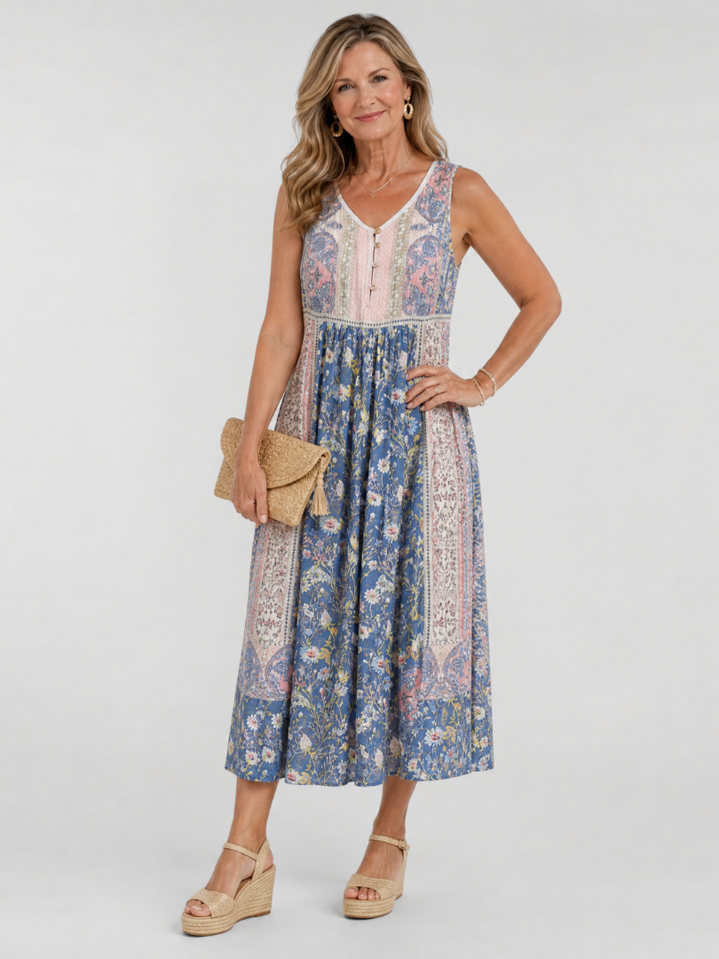 Penwyn | Mixed Floral Sleeveless Button Detail Midi Dress