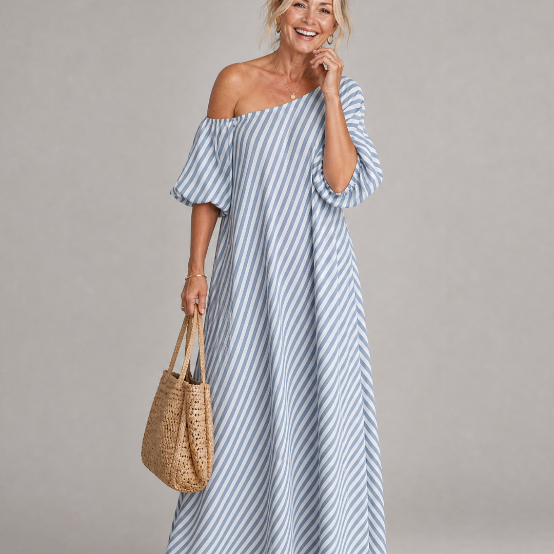 Faela | Striped Off Shoulder Puff Sleeve Midi Dress