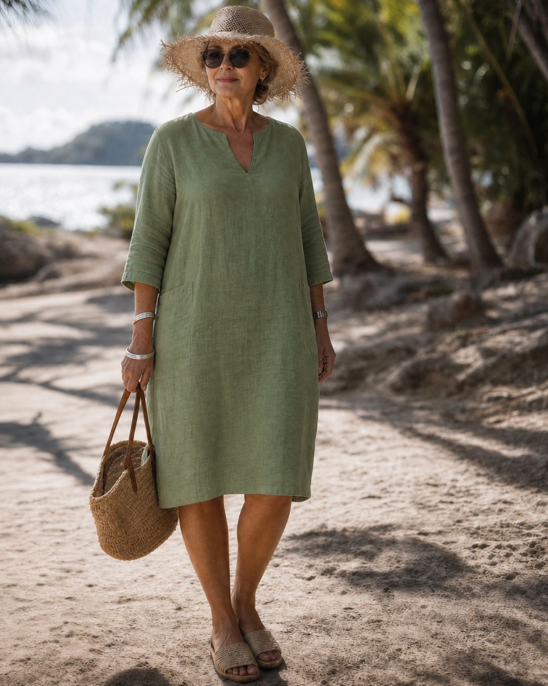 Laendra | Textured V Neck Three Quarter Sleeve Knee Length Dress