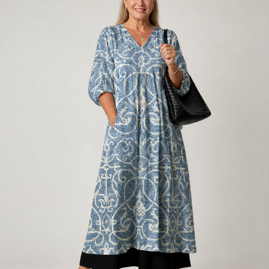 Verra | Vintage Scroll Print Soft Drape Midi Dress