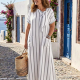 Halthea | Short Sleeve Striped Tie Neck Pocket Midi Dress