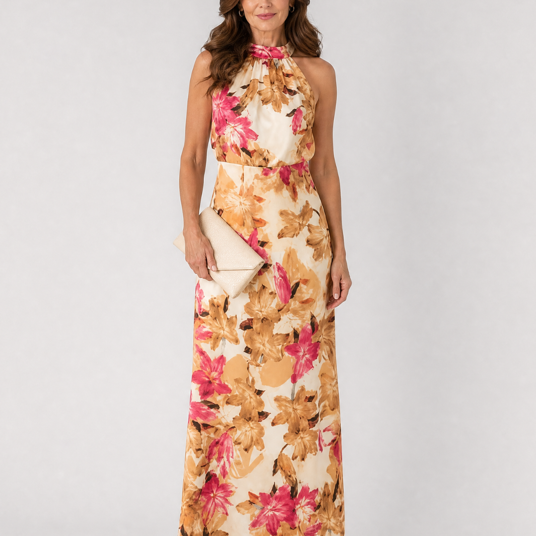 Hilandra | Botanical Print Halter Neck Flowing Midi Dress
