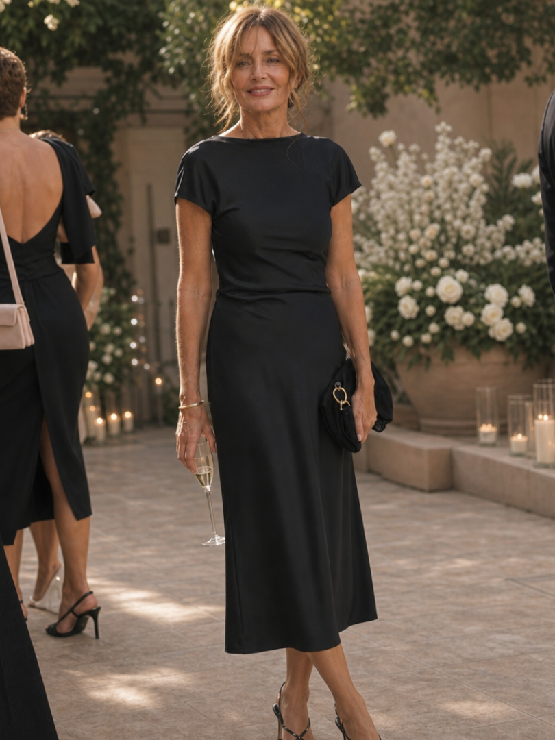 Corette | Short Sleeve Boat Neck Fitted Silhouette Midi Dress