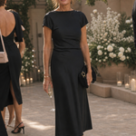 Corette | Short Sleeve Boat Neck Fitted Silhouette Midi Dress