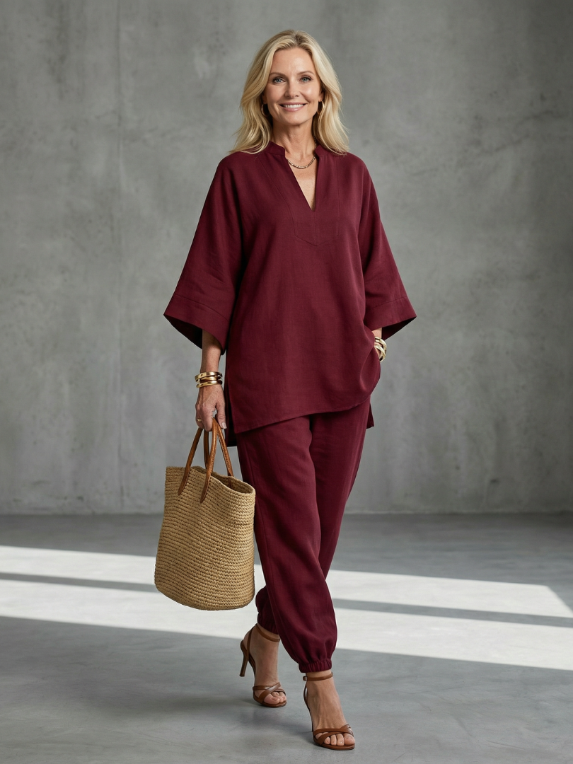 Perrina | V Neck Tunic Gathered Trouser Set