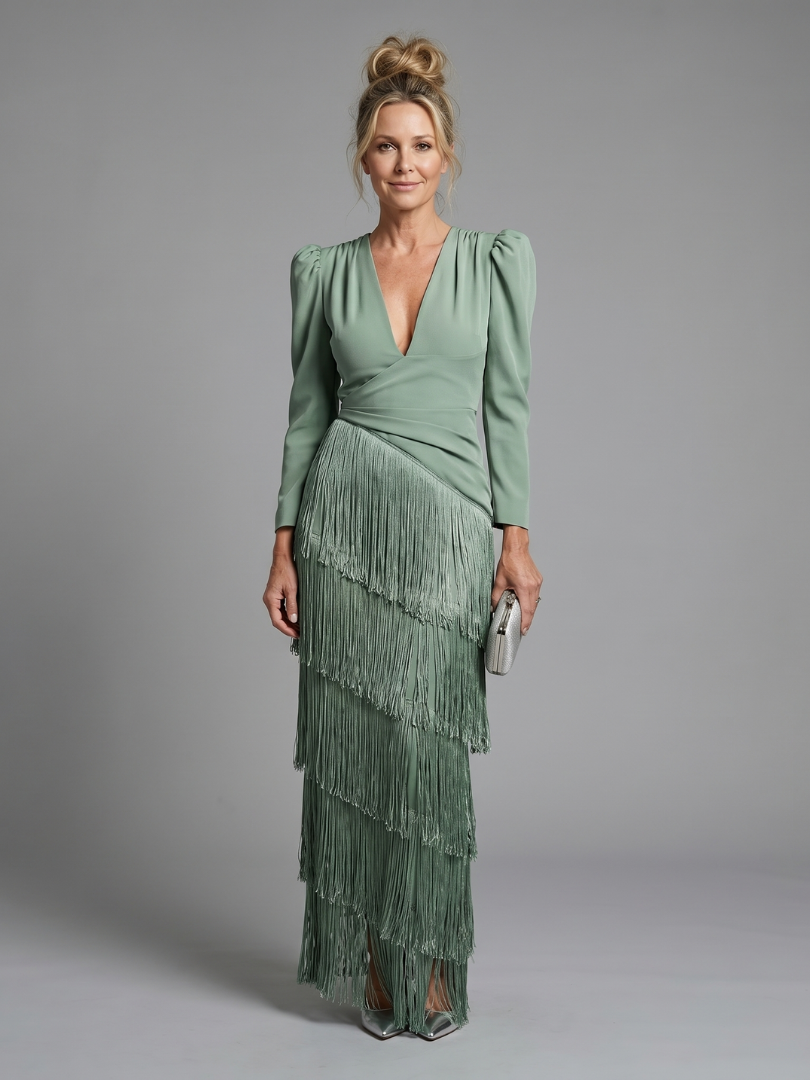 Milbeth | Long Sleeve Soft Fringe Skirt Midi Dress