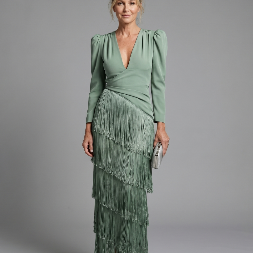 Milbeth | Long Sleeve Soft Fringe Skirt Midi Dress