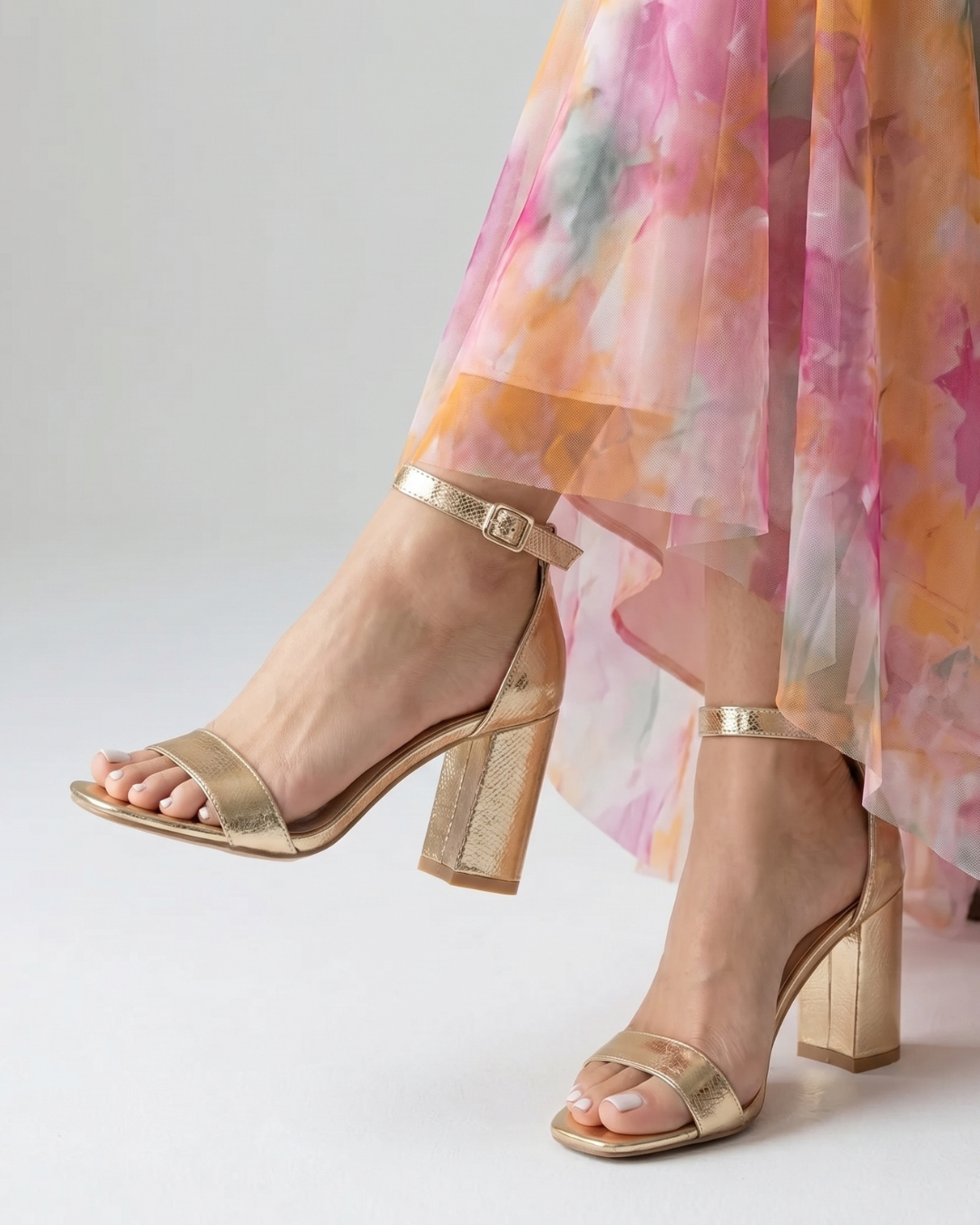 Nevla | Metallic Ankle Strap Block Heel Sandals
