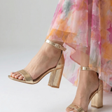 Nevla | Metallic Ankle Strap Block Heel Sandals