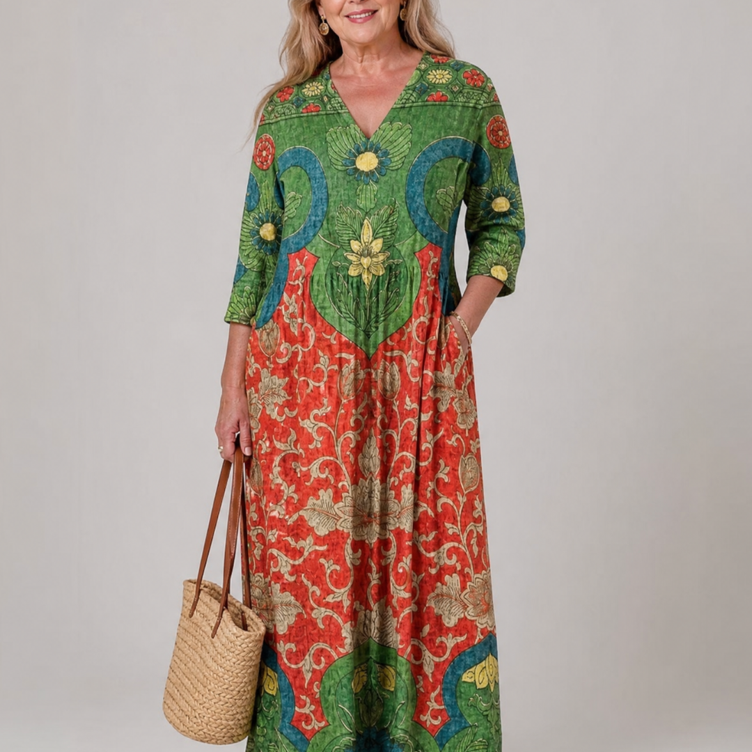Tesra | Abstract Vintage Print Relaxed Three Quarter Sleeve Midi Dress
