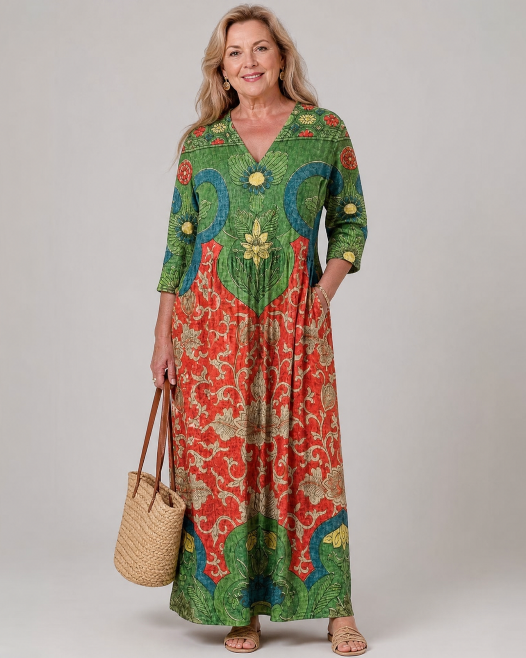 Tesra | Abstract Vintage Print Relaxed Three Quarter Sleeve Midi Dress