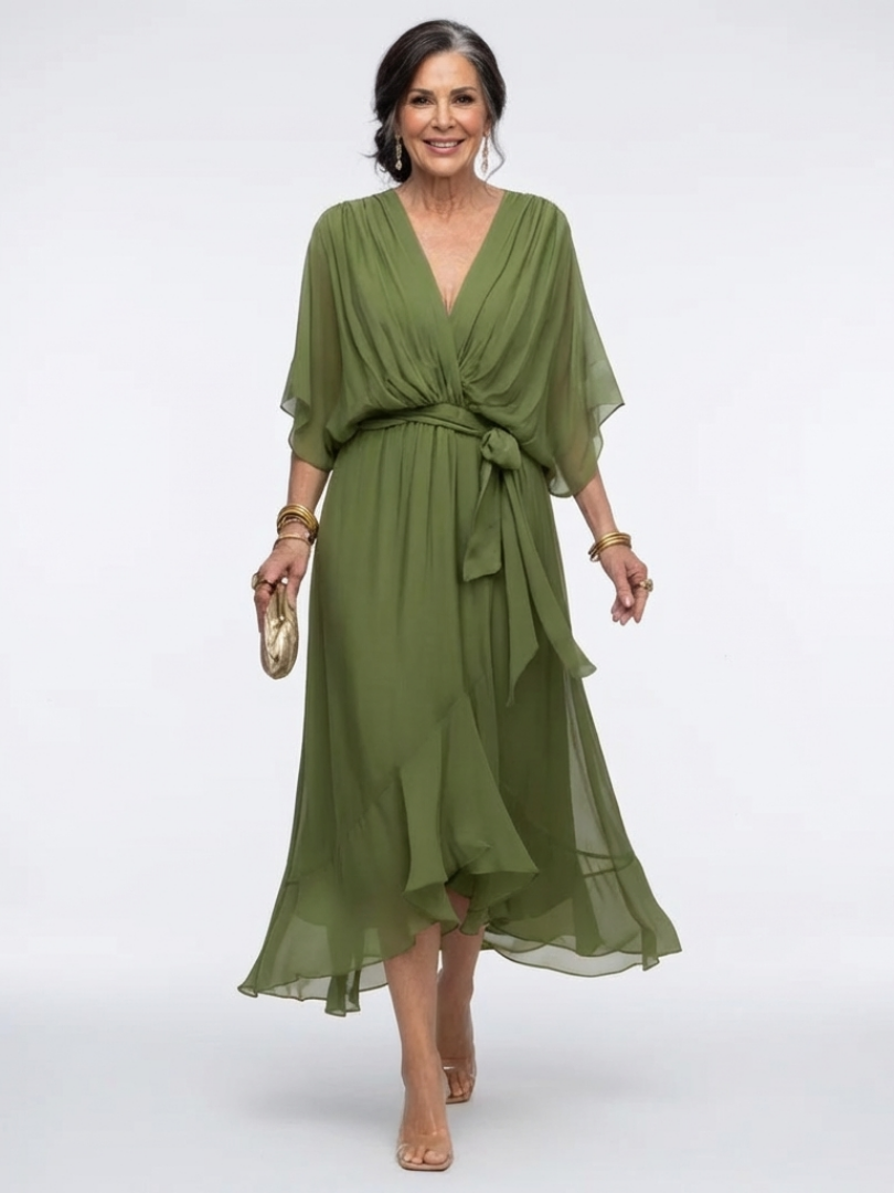 Mirmarie | V Neck Draped Waist Tie Midi Dress